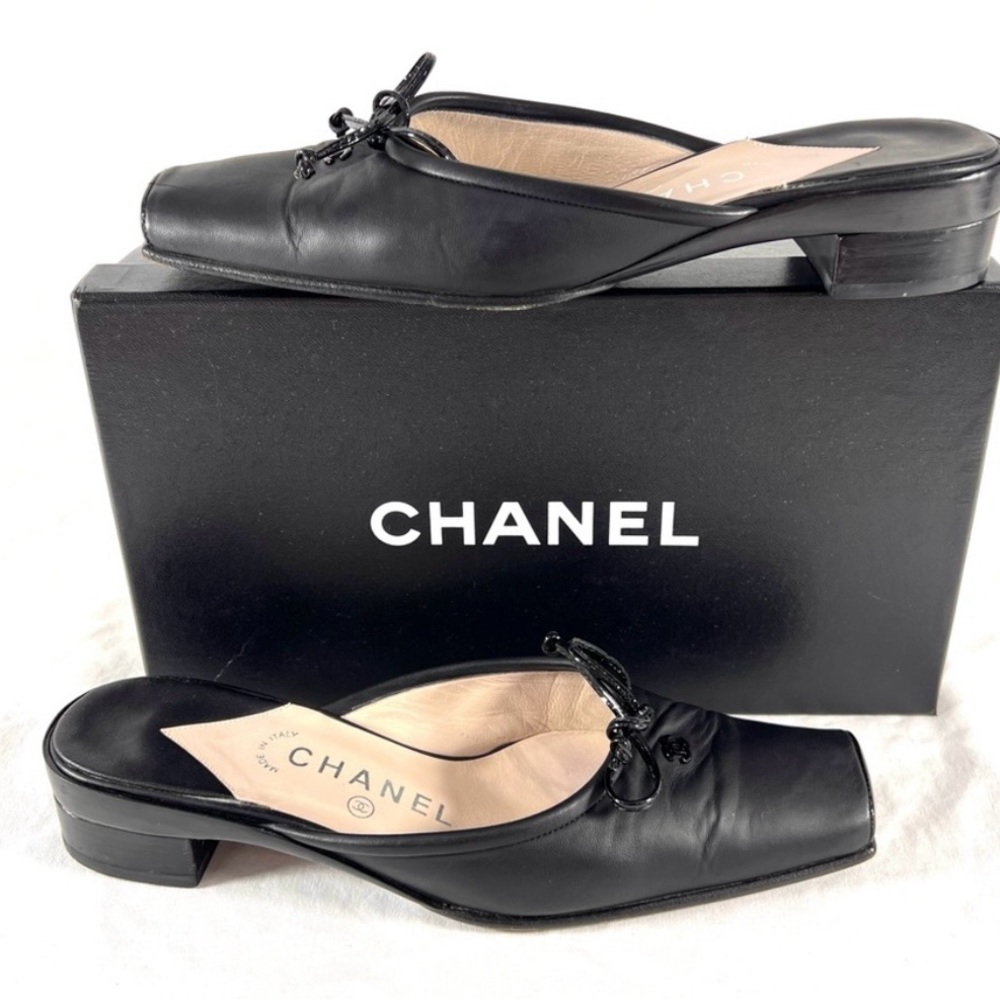 Chanel Mules square Toes show wear such scuffling corners, light scratches